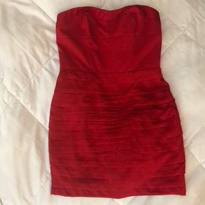 Red strapless satin cocktail dress